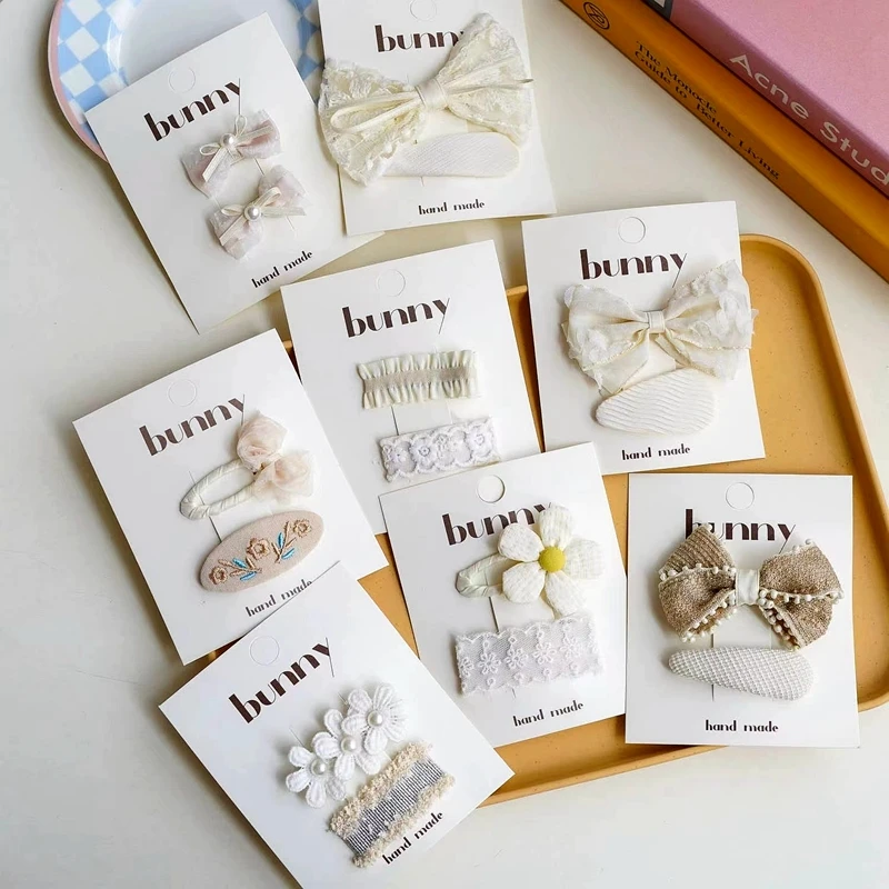 1 סט חמוד תינוקת שיער קליפים קוריאני סגנון סיכות שיער לבן תחרה בד פנינת קשת צד קליפים עבודת יד בארה 'ב שיער אבזרים