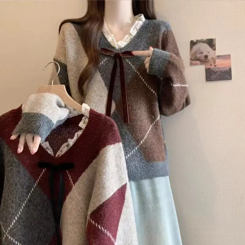 Maglione lavorato a maglia allentato con design a diamante V-Ne con giunture in pizzo da donna Autunno Inverno New Sle Casual Faion Top