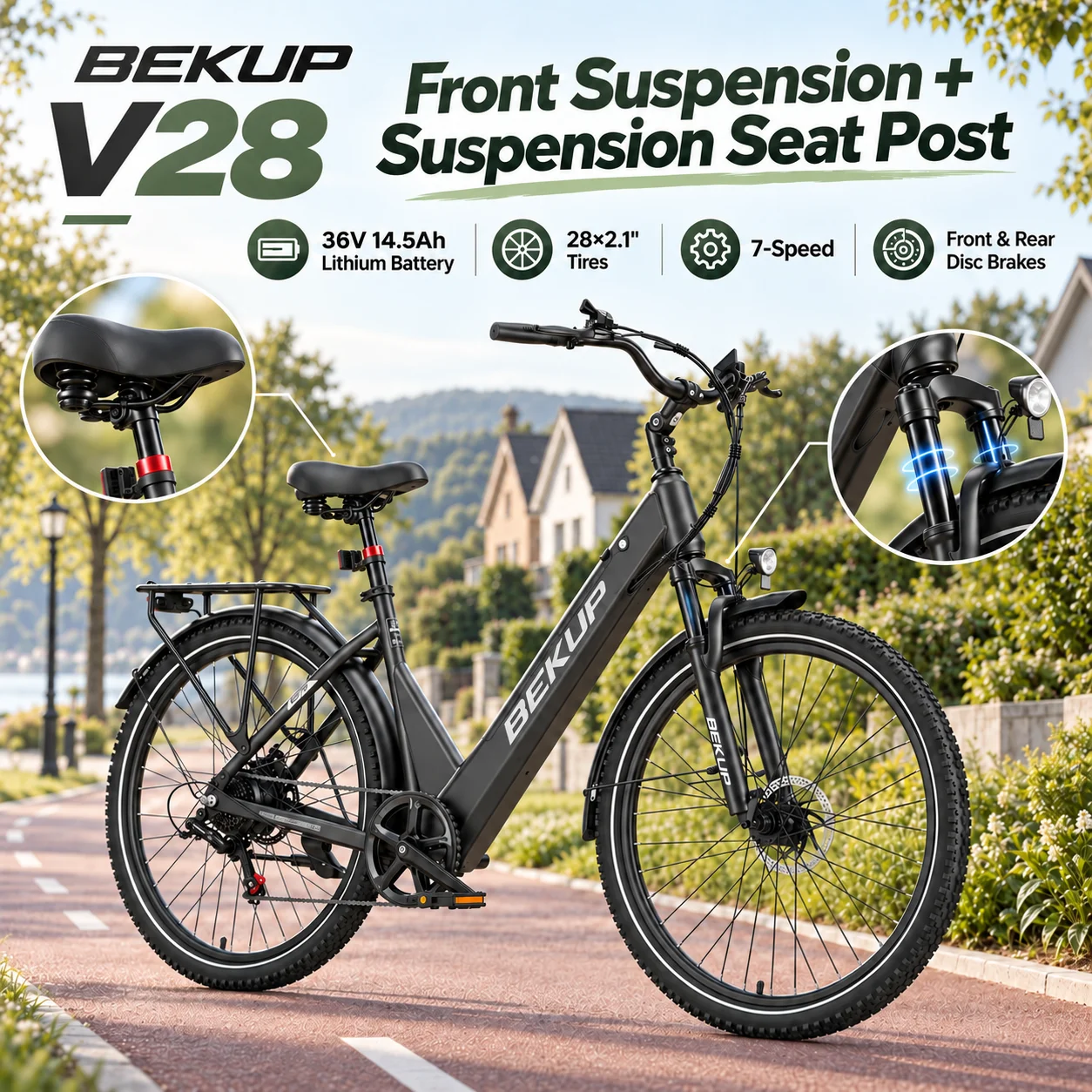 BEKUP V28-MG Bici Elettrica in Grigio Titanio, con Batteria da 36V 14.5Ah, Pneumatici da 28×2.1 pollici, E-Bike da Città a 7 Velocità, Dotata di Reggisella Ammortizzata, Freni a Disco, Display LCD e