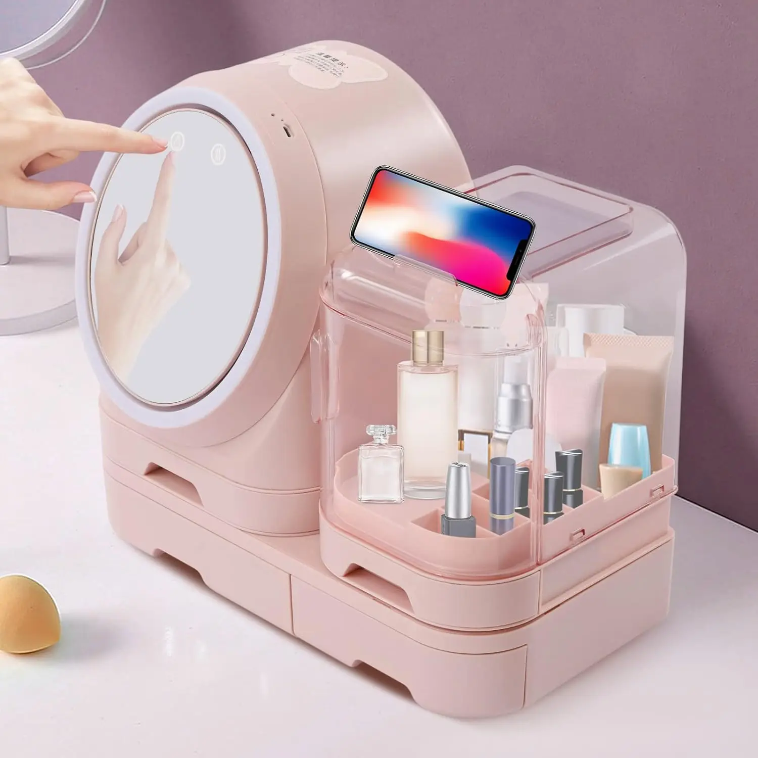 Pink Makeup Storage Organizer with Mirror And LED Light, Modern Cosmetic Organizer Dustproof Makeup Storage Box with a Fan