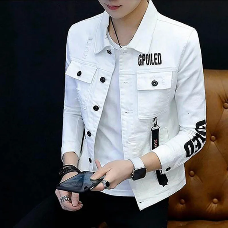 Spring Autumn 2020 Fashion Casual Hip Hop Printed Letter Korean Slim Men\'s Jacket Boys Denim Jacket Black Wild Casual Youth Coat