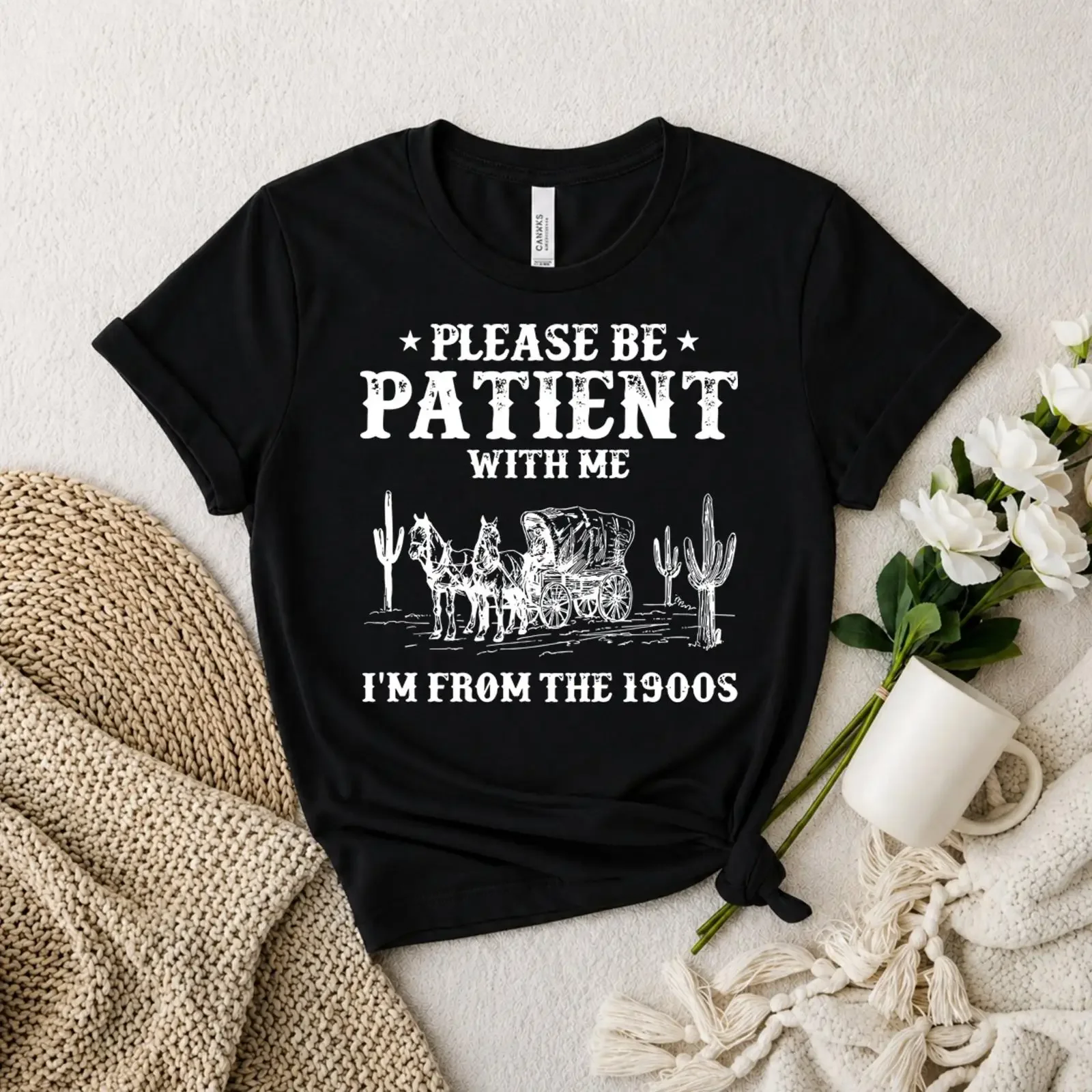 1900s Western Covered Wagon T Shirt Vintage Humor vintage Washed Versatile Casual fashion Comfortable Top For Everyday Wear