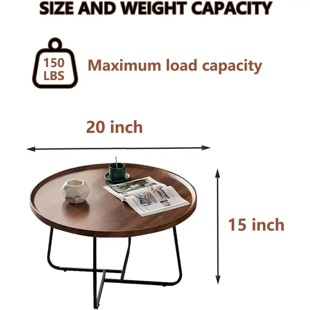 ウォールナット20 ラウンド木製トップコーヒーテーブル、金属製の脚付き、リビングスペース、寝室、オフィス、屋外エリア用