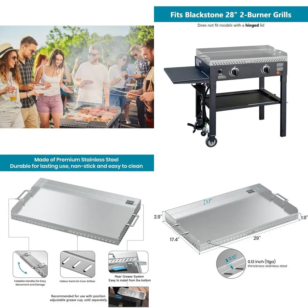 

28 Inch Stainless Steel Gas Grill Griddle Replacement or 2-Burner Propane Grill with Enhanced Rear Grease Management