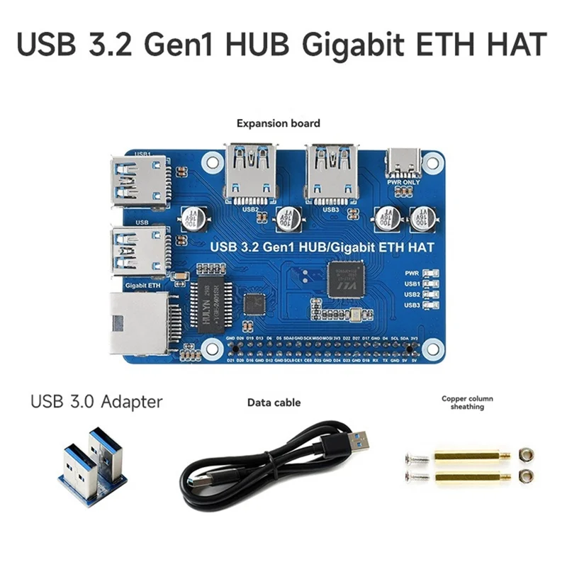 ABKI-Waveshare para Raspberry Pi USB 3,2 Gen1 HUB Gigabit ETH HAT placa de expansión USB 3,2 Gen1 + 1000M puertos ETH para Raspberry Pi 4