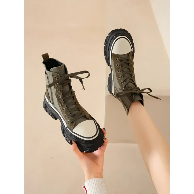 

2024 Autumn New Do Old Thick Soled Canvas Shoes Women's High Top Shoes Ankle Boots Women Shoes