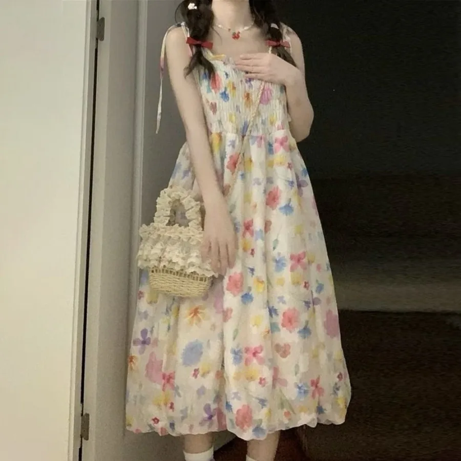 

【New style】26 French pleated floral suspender dress set for women's summer thin sunscreen cardigan fresh and lovely flower bud