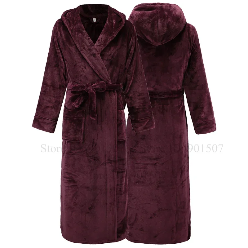 Autumn Winter New Coral Fleece Robes Hooded Bathrobe Nightgown Women Soft Sleepwear Lovers Long Kimono Gown Thicken Sleepwear