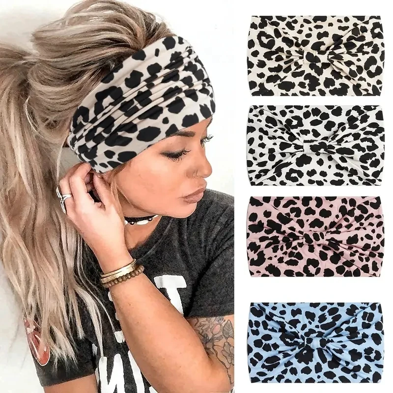 

Women's New Wide Leopard Print Headbands Flowr Pattern Knotted Turban Head Wraps Bows Ties Boho Girls Hair Accessories Bandage