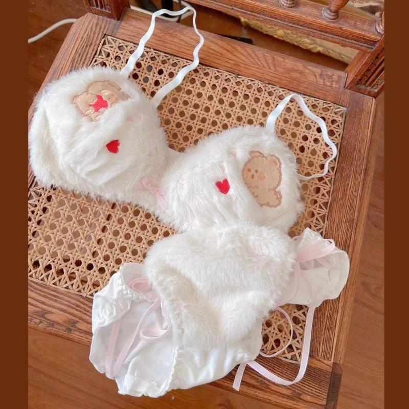 Women's Anime Bear Plush Lingerie Set - Tie Side Panties And Plush Bra Furry Underwear for Adults, Give a gift to  girl