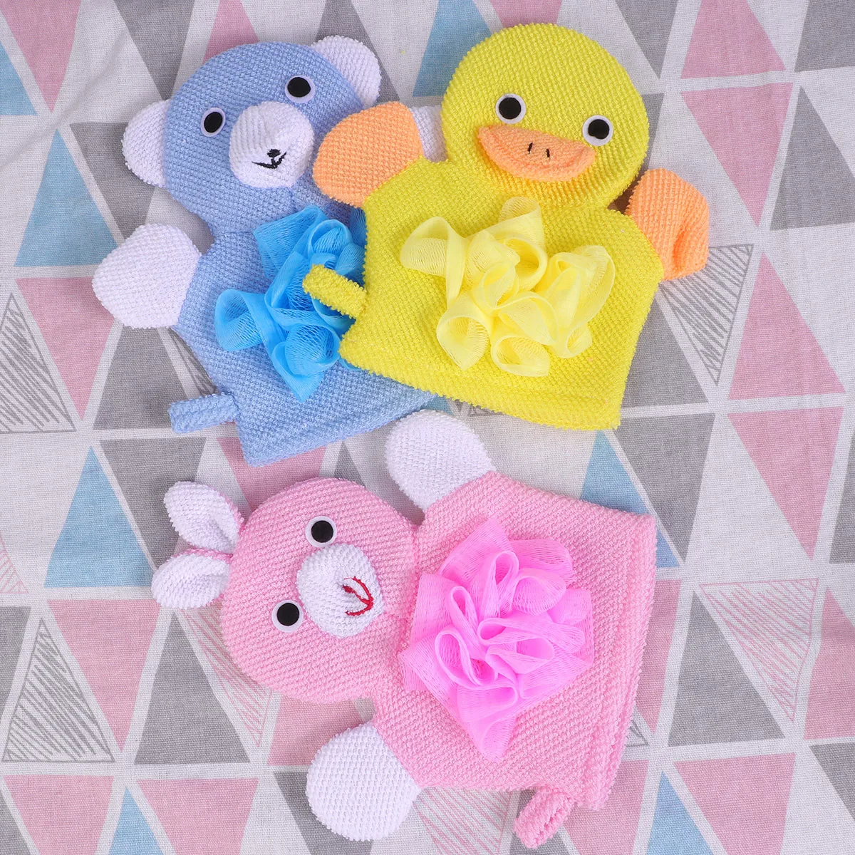 3 قطعة قفازات حمام التقشير دش الكرتون الحيوان نمط المزدوج الجانب منظف الجسم إسفنجة لينة الألياف أصفر أزرق وردي