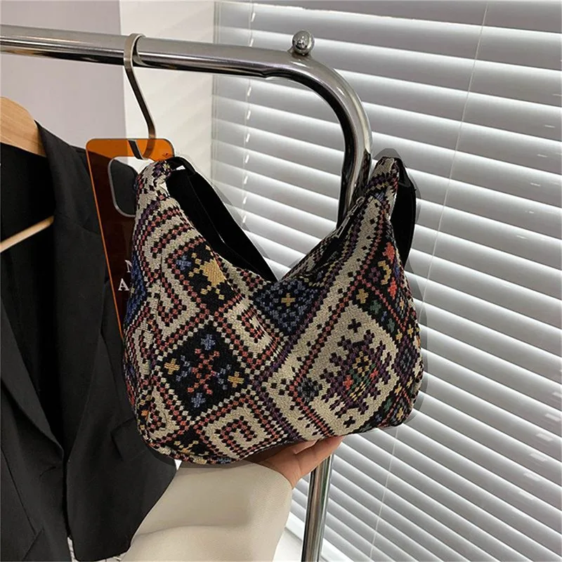 Female Shoulder Messenger Bag Trend Bag Simple Zipper Handbags Ethnic Style Canvas Shoulder Bag Small Tote 2023 Woven Beach Bag