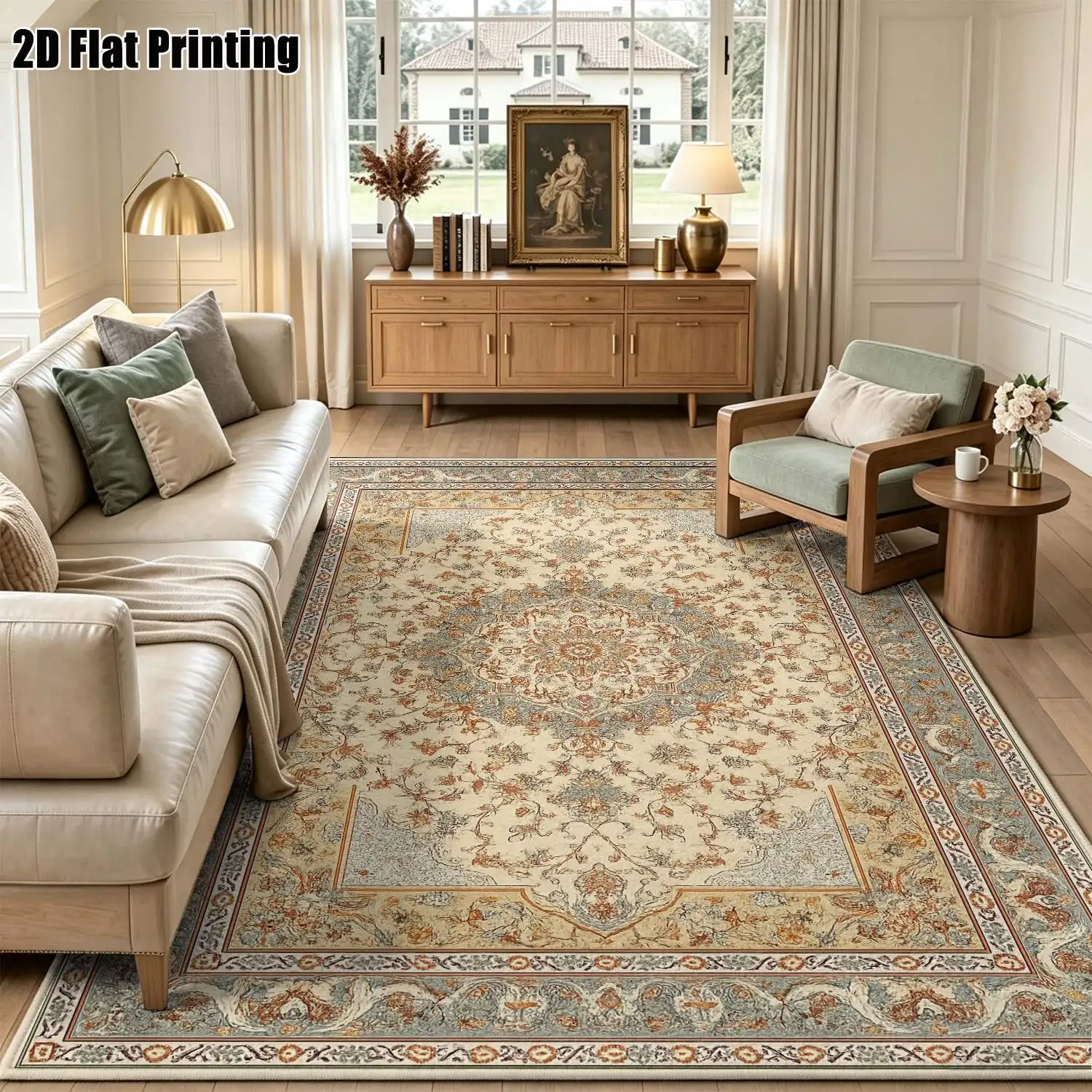 1Pc 2D Printed Carpet: Beige Floral & Geometric Patterns, Vintage/European/Bohemian Style Machine Washable, Available in Multiple Sizes, Ideal for Home Decor Such as Entryways, Dining Rooms, Bedrooms, Living Rooms.