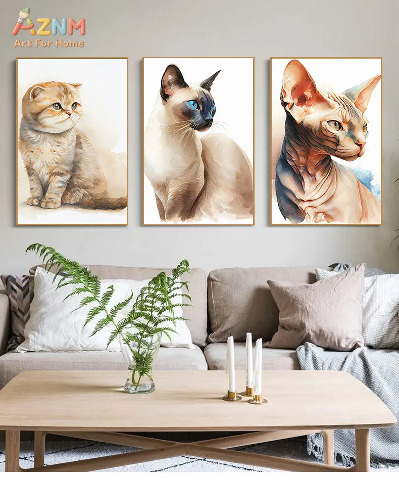 AZNM Watercolor Various Breed Cat Portrait Canvas Poster Frameless Wall Art Cute Pet Print For Living Room Bedroom Home Decor Pa