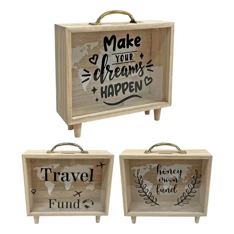 Money Saving Box Wooden Money Saver Bank With Transparent Window Reusable Cash Savings Case For Couples Friends Partners