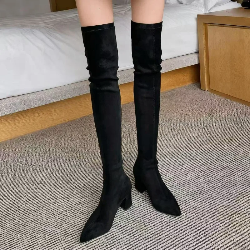 أحذية نسائية مثيرة بمقدمة مدببة فوق الركبة أحذية بكعب مربع أحذية عالية دافئة أحذية جورب مرنة للنساء من جلد الغزال أحذية بسحاب خلفي #4