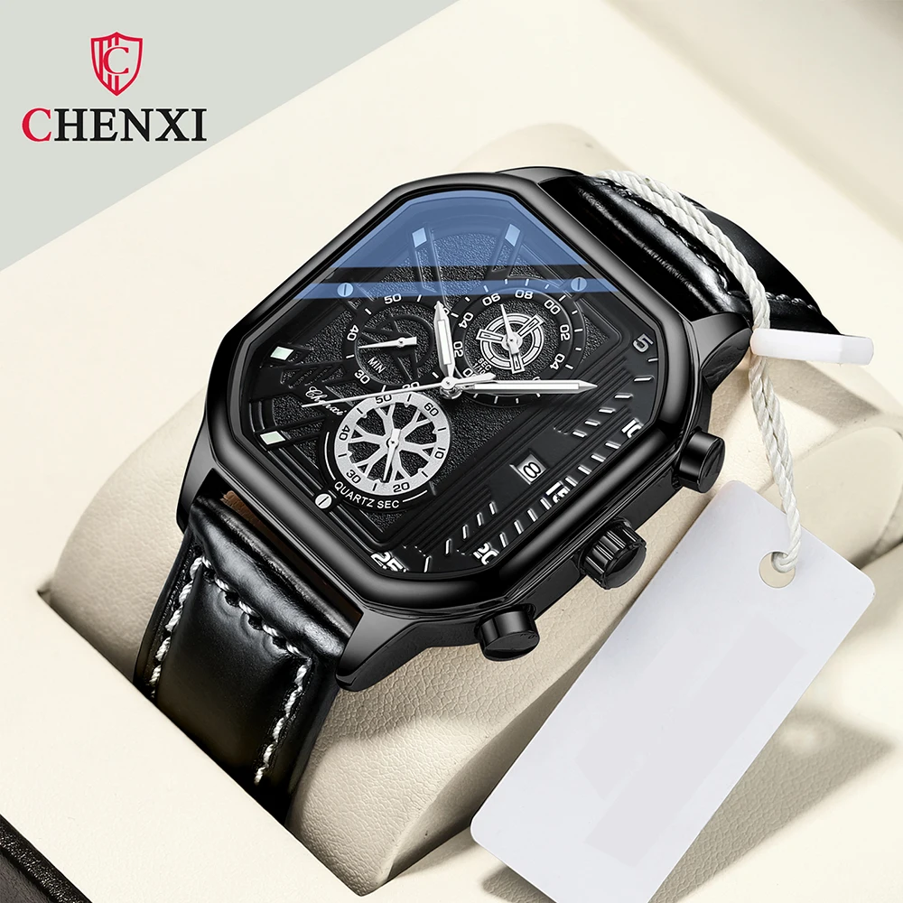 2023 Fashion Men Watch Square Dial Black Leather Chronograph Quartz Wristwatches Sports Casual Waterproof Watches For Men CHENXI