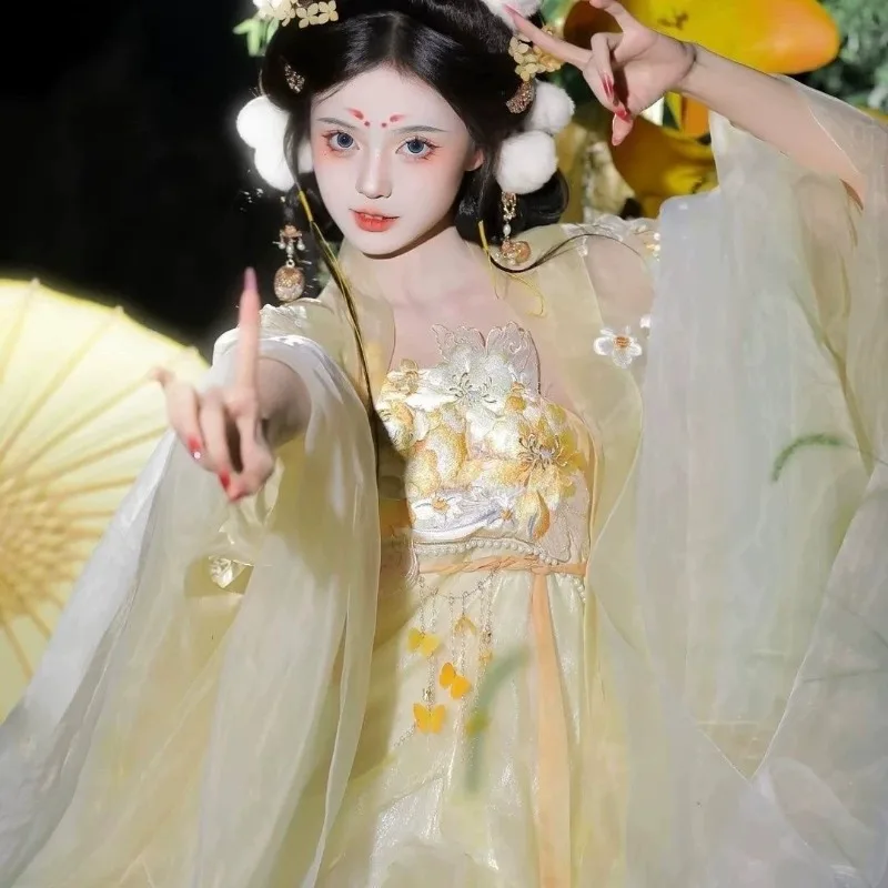 Fairy style Hanfu suit, female chest-length skirt, embroidered big-sleeved shirt, super fairy ancient dress, performance costume