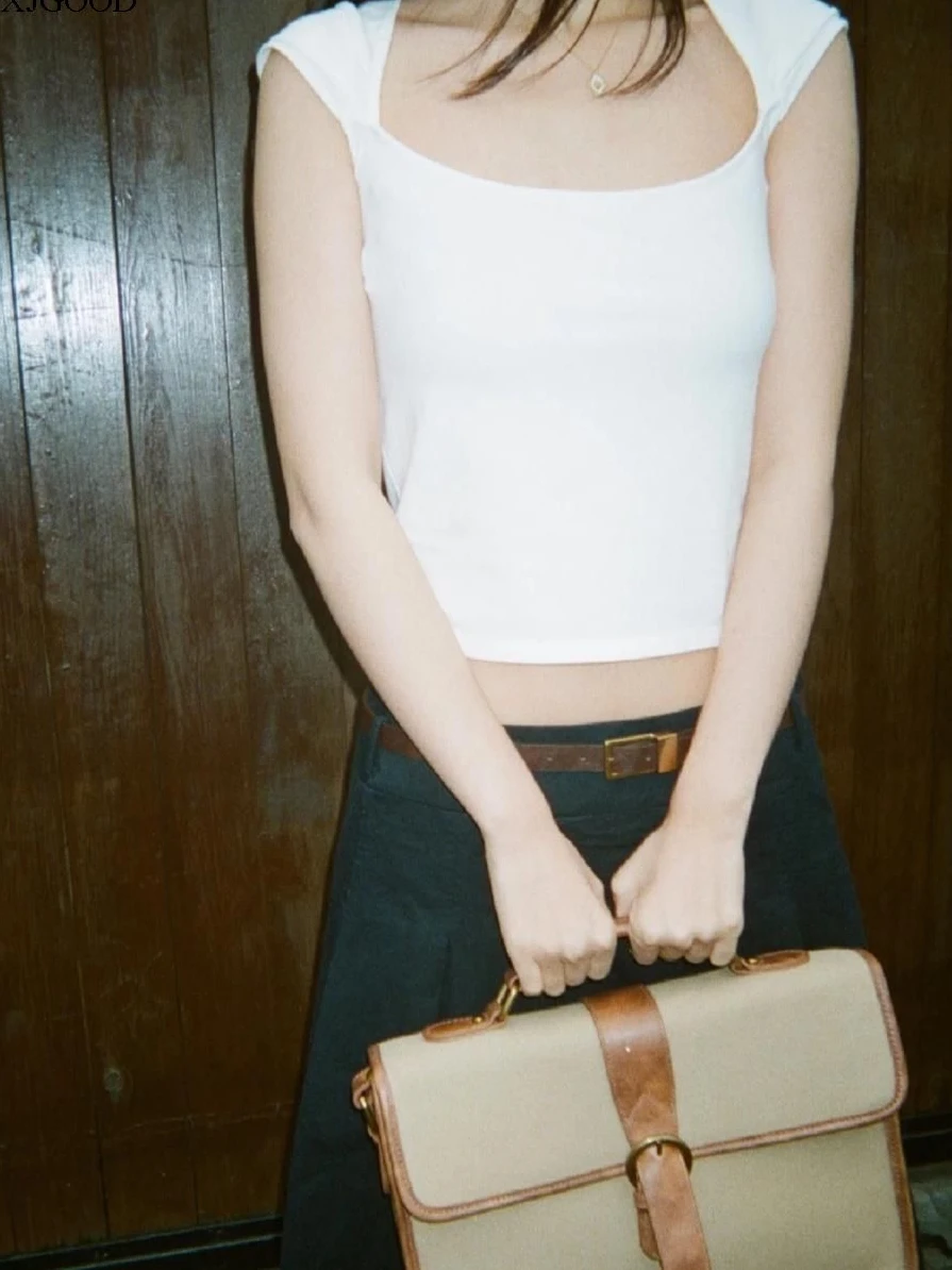 

Square Ne Rolled ort Top Pure Color Street Sle Women's T-irt Summer Faion Slim Fit round Ne ort Sve