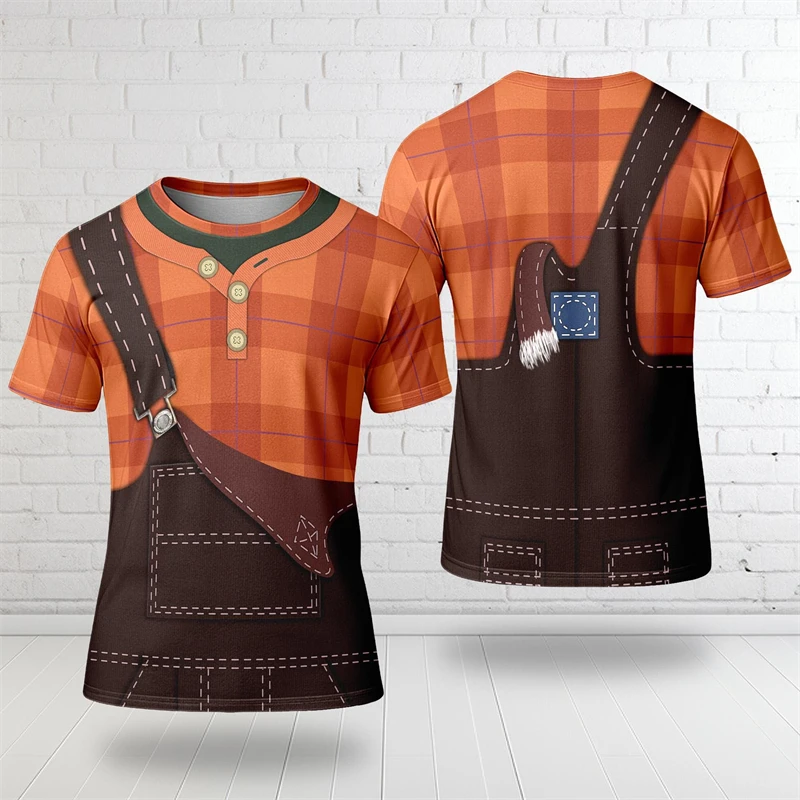 3D Print Fake Overalls Grid Graphic T Shirt Men Short Sleeve Tee Unisex Loose Summer Worker Cosplay Halloween Party Novelty Tops