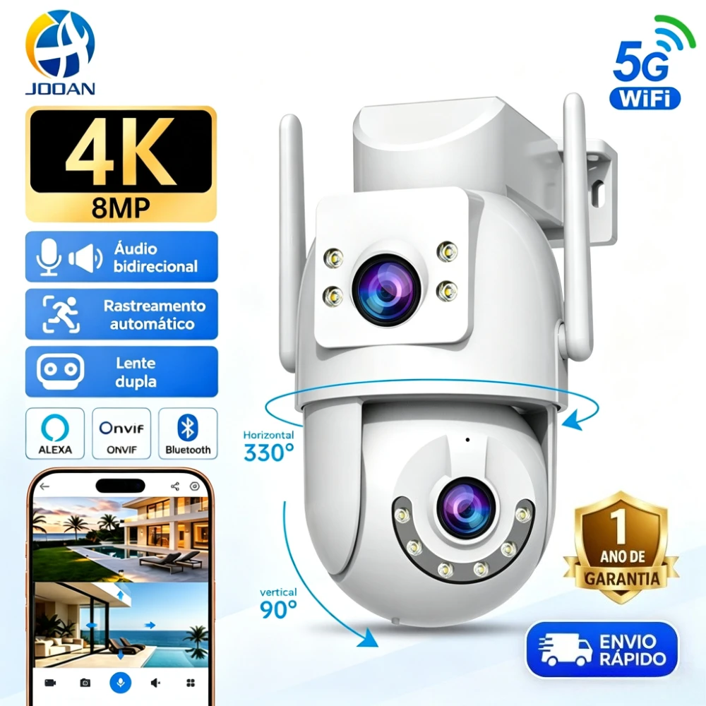 Jooan 4k 8mp hd wifi câmera ptz ao ar livre 5g wifi lente dupla câmeras ip de segurança 5x zoom ai rastreamento onvif cctv câmera de vigilância