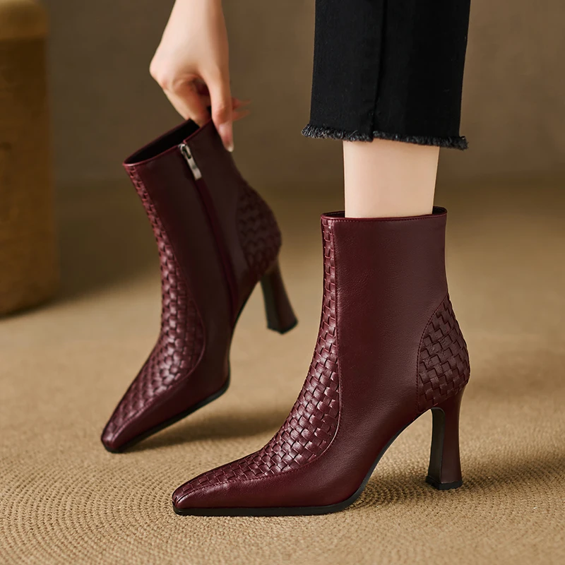 

Handmade Genuine Leather Pointed Toe Woven texture Women's Ankle Boots Modern High Heels Elegant Pumps Fashion Womens Shoes