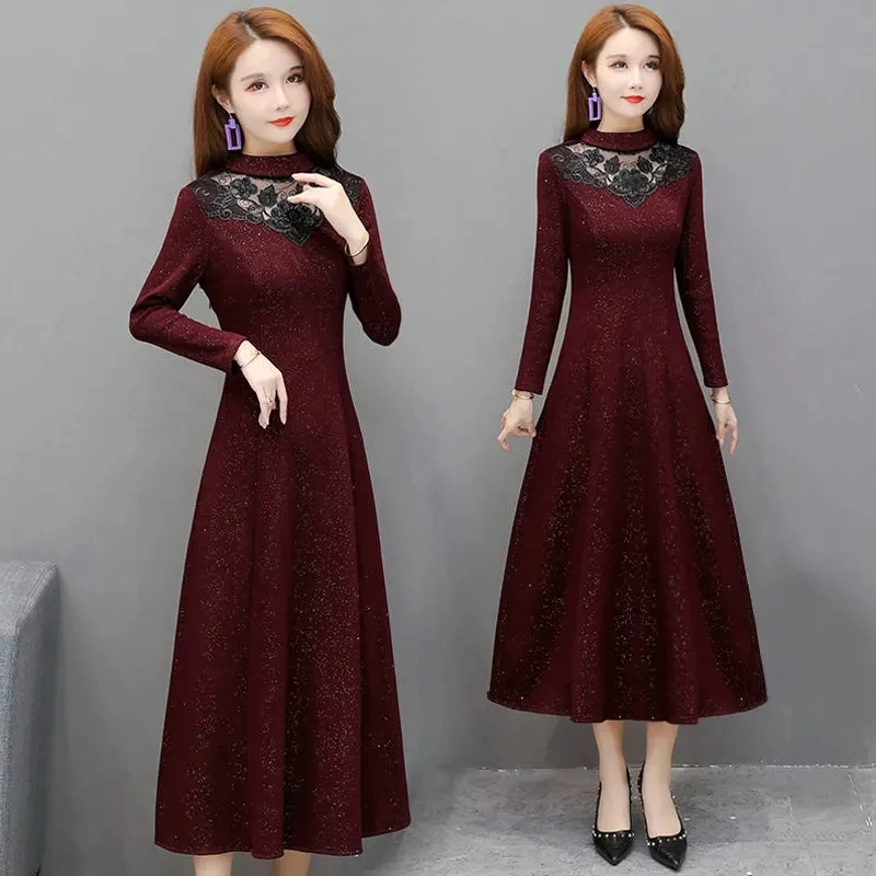 

Spring Female Lace Mid Length Version Dresses Large Size Women Stand-up Collar Long Sleeved Dresses Ladies Solid Color Vestidos