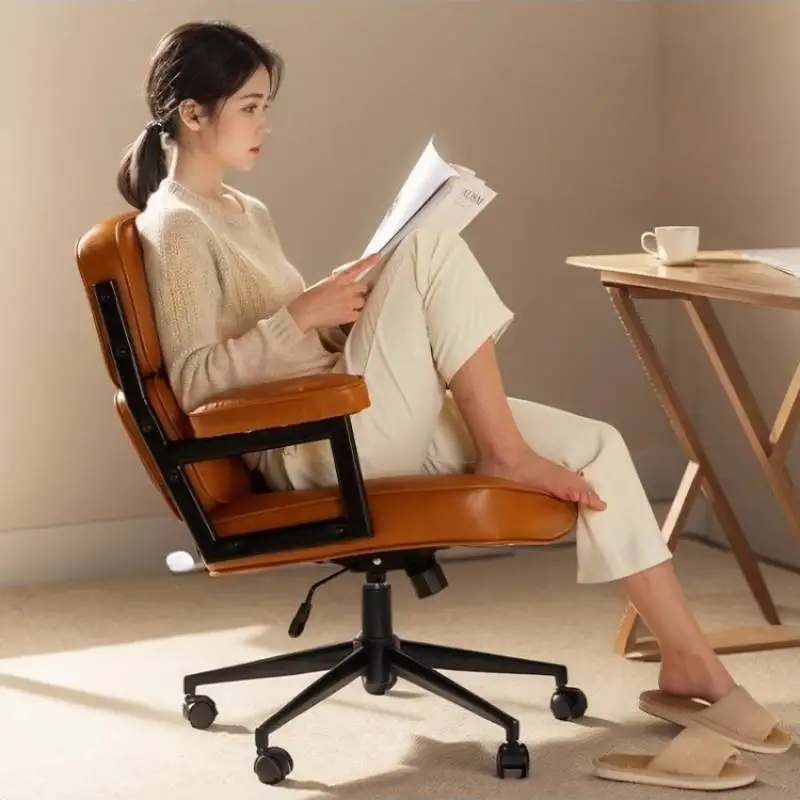

！@Heavy Vintage Office Chair Tan Soft Ergonomic Comfortable Living Room Office Chair Swivel Relaxing Silla De Escritorio Furnitu