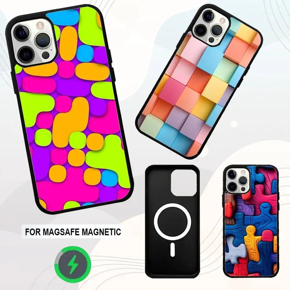 

3D Colorful Block Phone Case For iPhone 16e,16,15,14,13,12,11,Plus,Pro,Max,Mini Magsafe Magnetic Wireless Charging