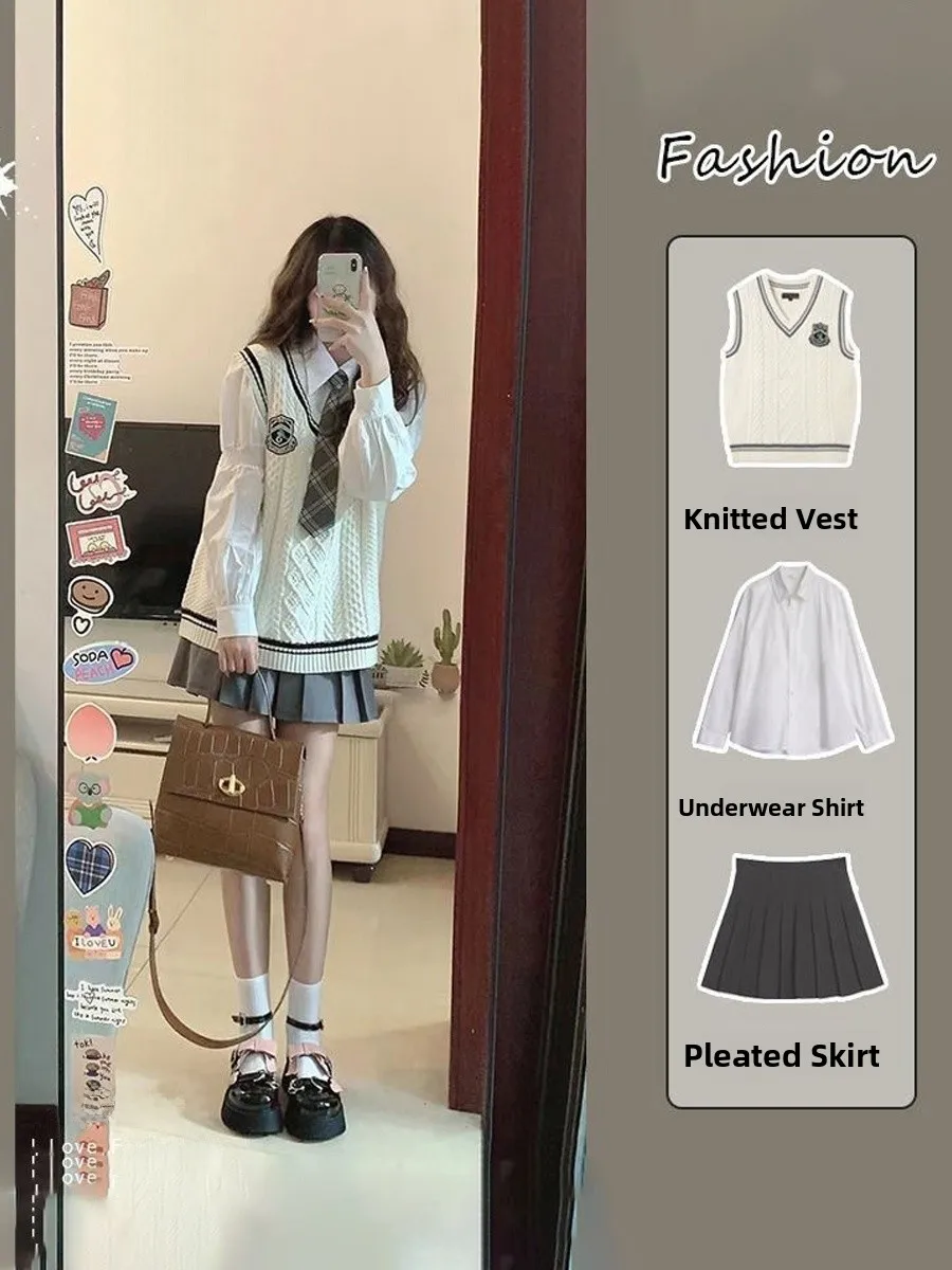 Spring Fashion Set Women's  Skirt Vest College Style Knitted Shirt Pleated Skirt Japanese Style Complete Set Warm Polyester