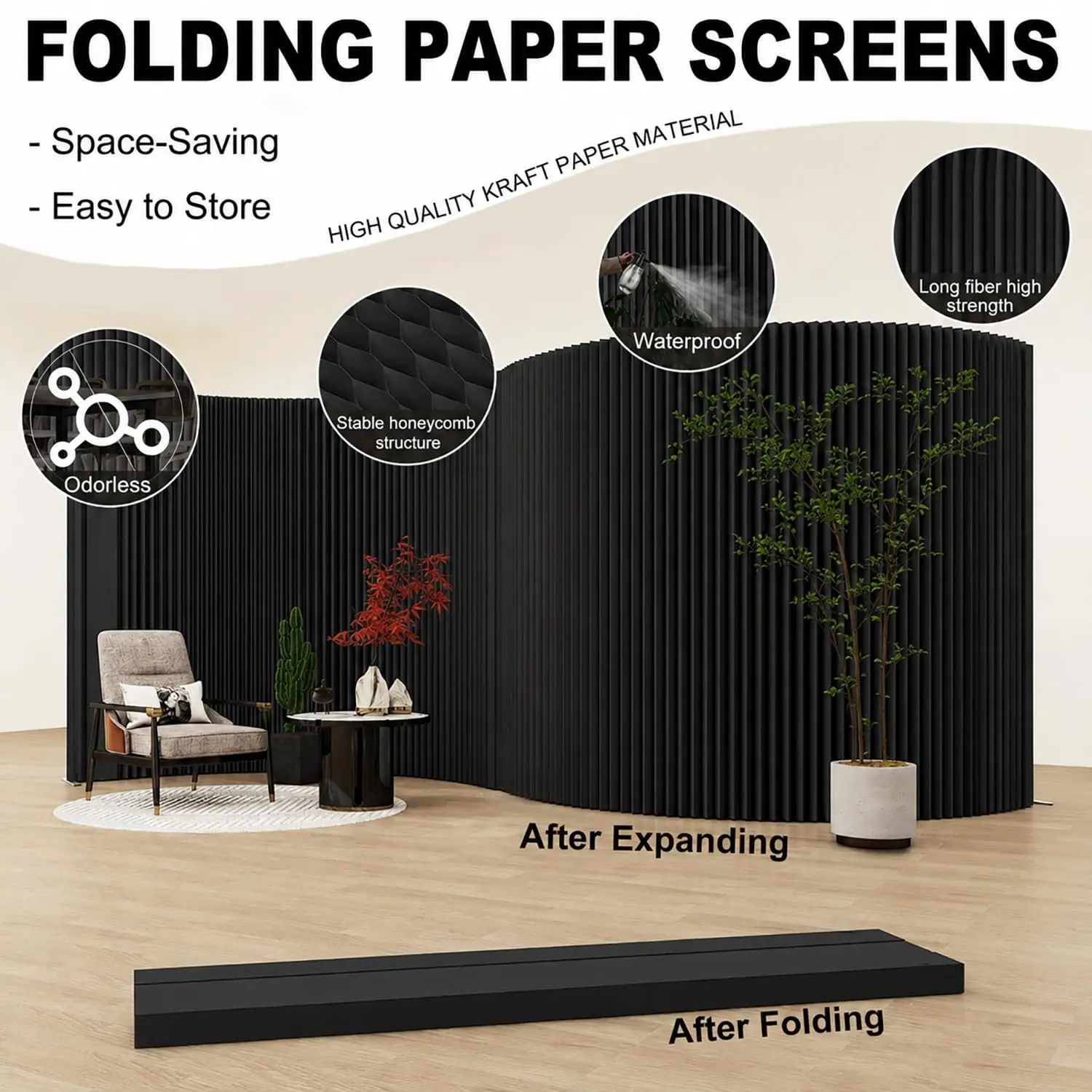 Accordion Room Divider, Folding Paper Partition Wall Freestanding Privacy Screen for Office Commercial Home Store Easy Store Bla