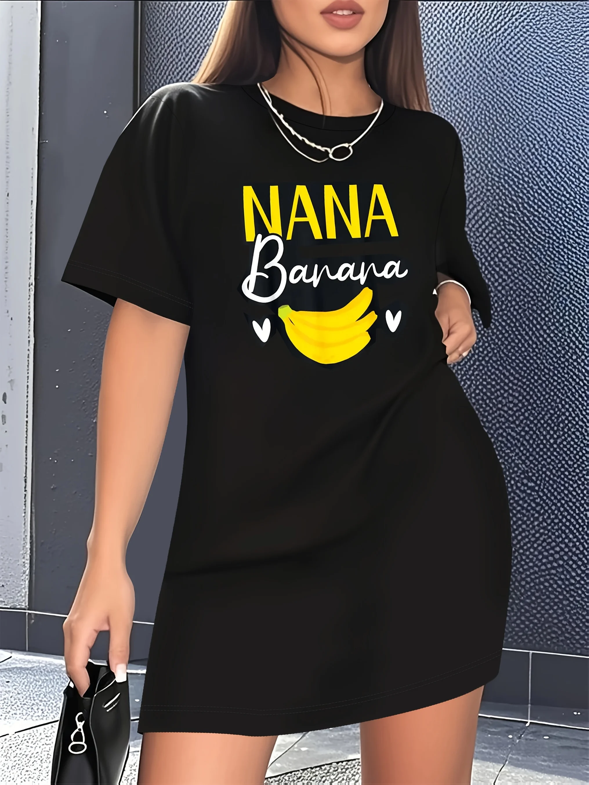

Женское платье больших размеров с графическим принтом банана, повседневное летнее платье с короткими рукавами и круглым вырезом, с дизайном NANA Banana & Hearts