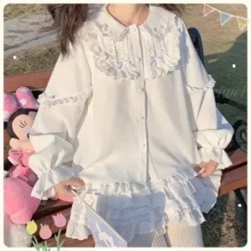 Japanese Lolita Sweet Women's 2024 Spring and Autumn Spliced Doll Neck Button Lantern Sleep Solid Color Long Sleeved Shirt