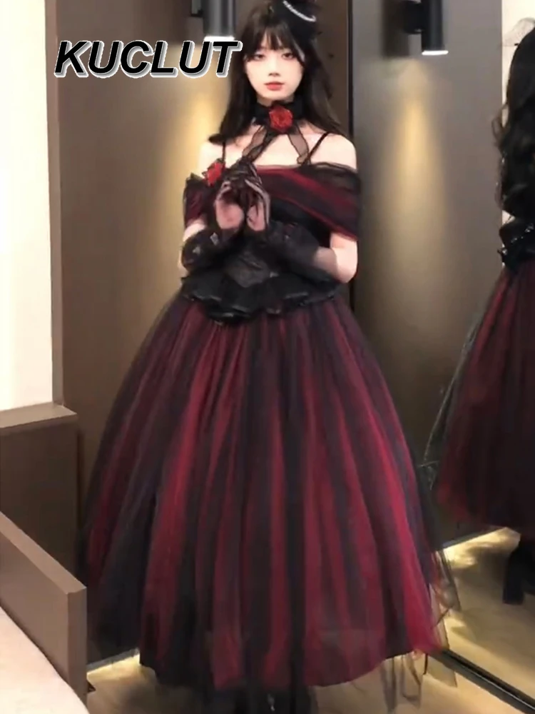 

Mesh Fluffy Princess Dresses for Women Summer Ball Gown Long Elegant and Sweet Gothic Black and Red Lady Lolita Dress