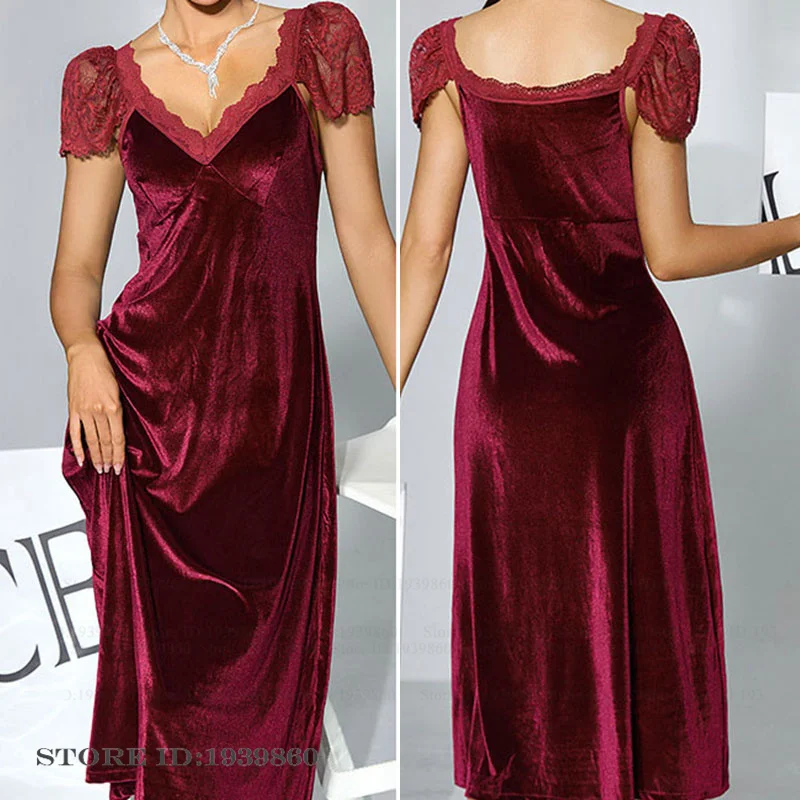 Autumn Winter Velvet Long Nightgown Chemise Sleepwear Sexy Burgundy Lace Nightdress Homewear Female Velour Loungewear Night Wear