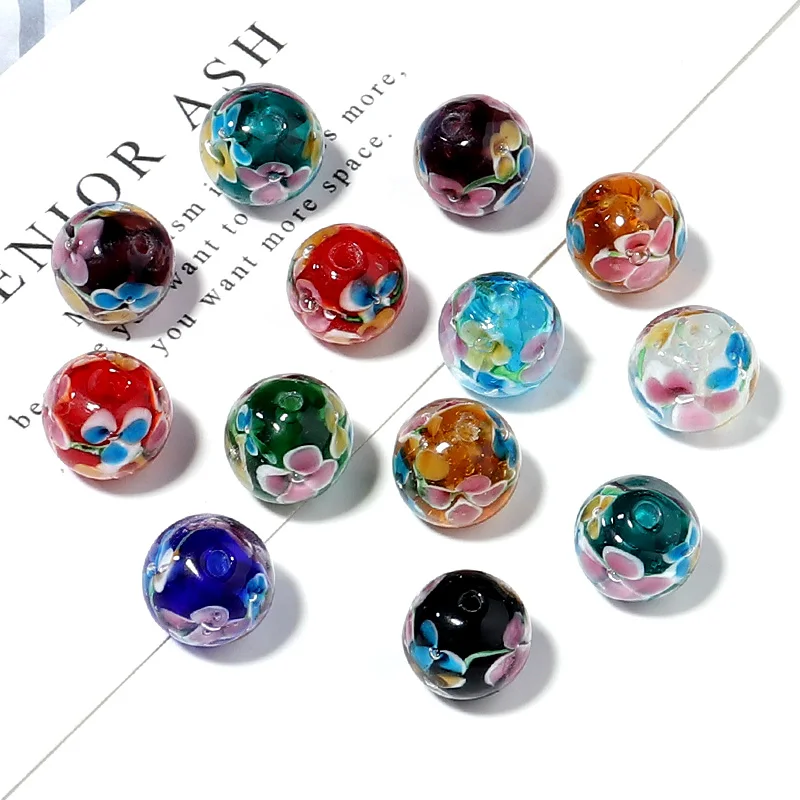 10pcs/lot Multiple Colors Flower Lampwork Beads Round Spacer Beads  For Diy Jewelry Making Bracelet Necklace Accessories