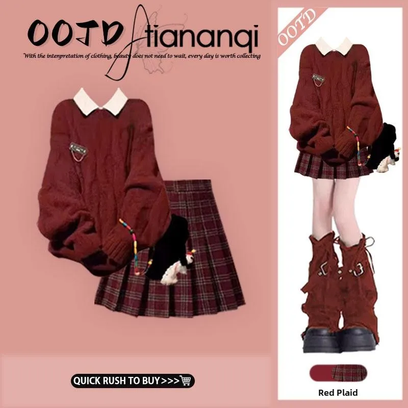 

Tangled Knit Sweater Skirt Set Autumn 2024 New Sle Layering White irt Red Plaid f-length Skirt Tee-piece Faion Set