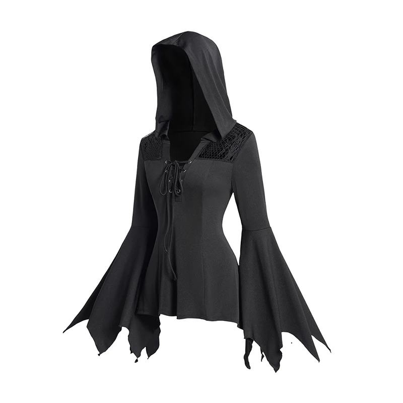 Lace Panel Flare Sleeve Hooded Top Plain Color Lace Up Long Sleeve Gothic Top Spring Fall Black Tops 2024 New