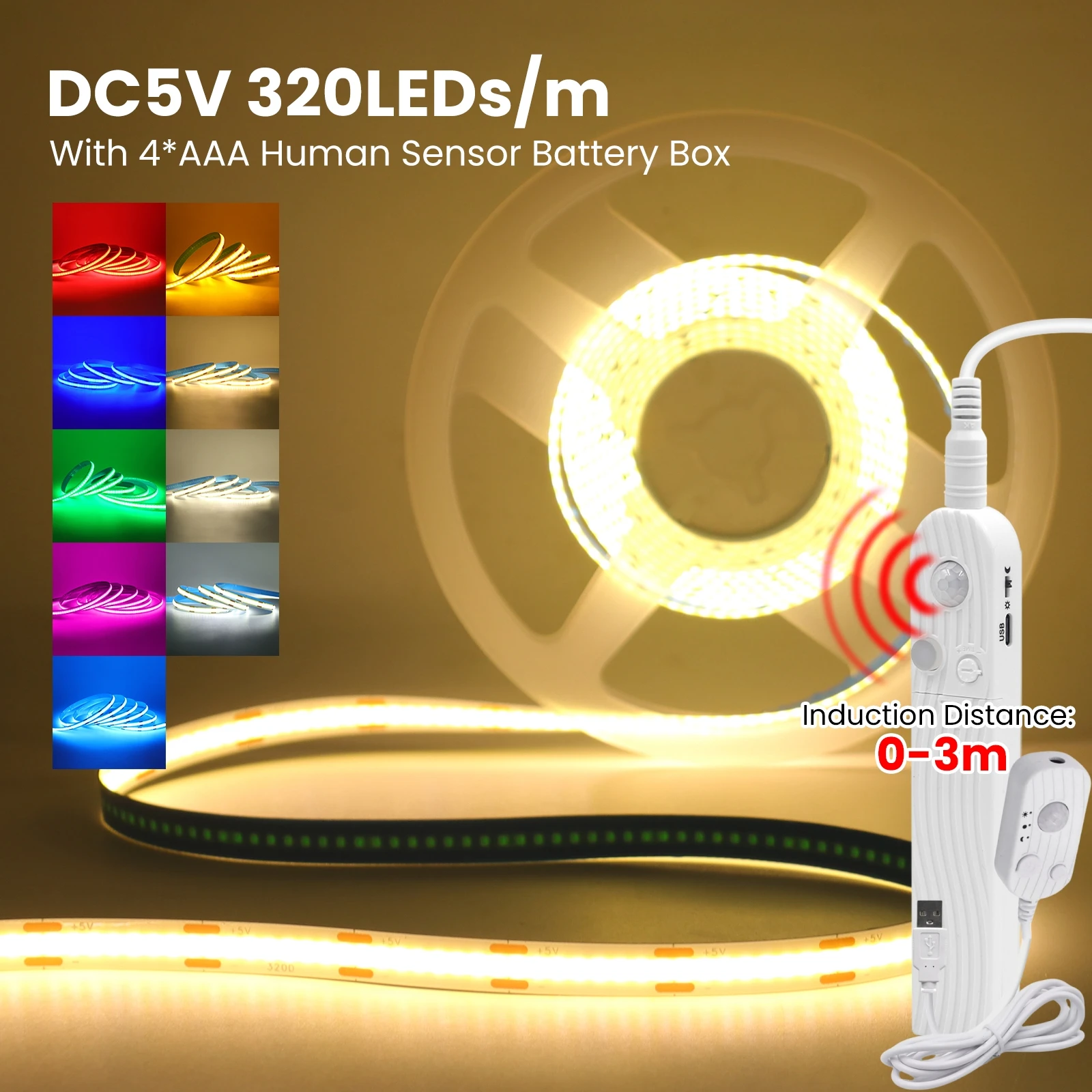 

Светодиодная лента COB с регулируемой яркостью 5 В и USB 4 * AAA PIR, аккумуляторный блок с датчиком движения, 320 светодиодов/м, лента с регулируемой яркостью, лента для подсветки домашнего комнаты