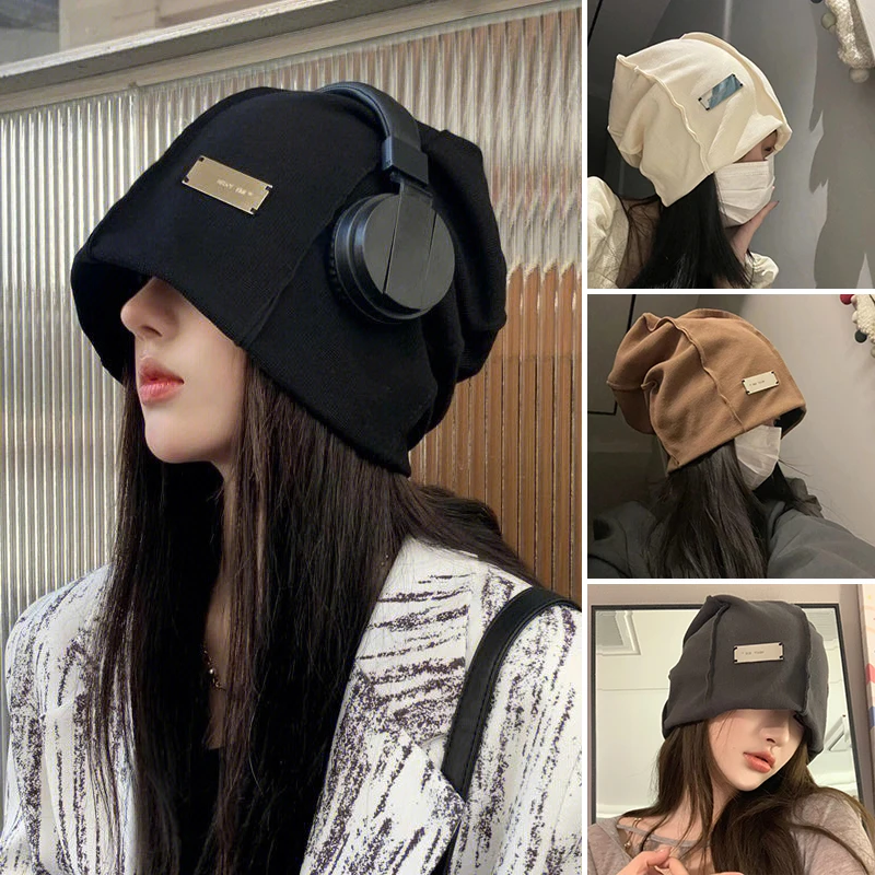 

Spring Autumn Windproof Warm Beanies For Women Fashion Metal Label Skullies Cap Solid Color Korean Girl Pullover Hat 모자