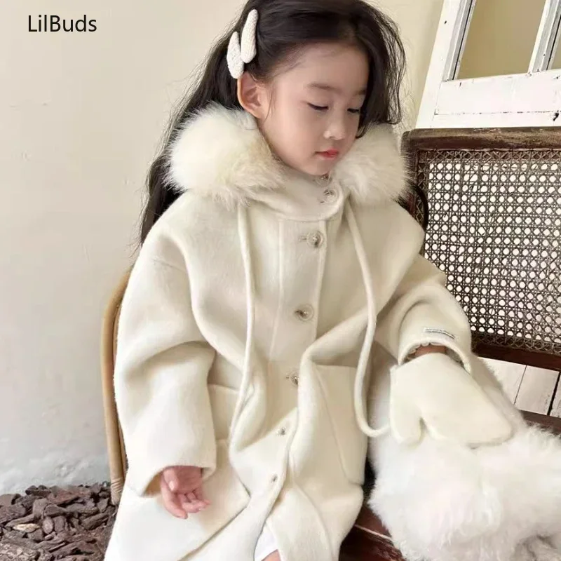 2024 Children\'s Vintage Alpaca Wool Double Sided Cashmere Handmade Outerwear Outdoor Girl\'s Coat White Hooded Clothing Winter