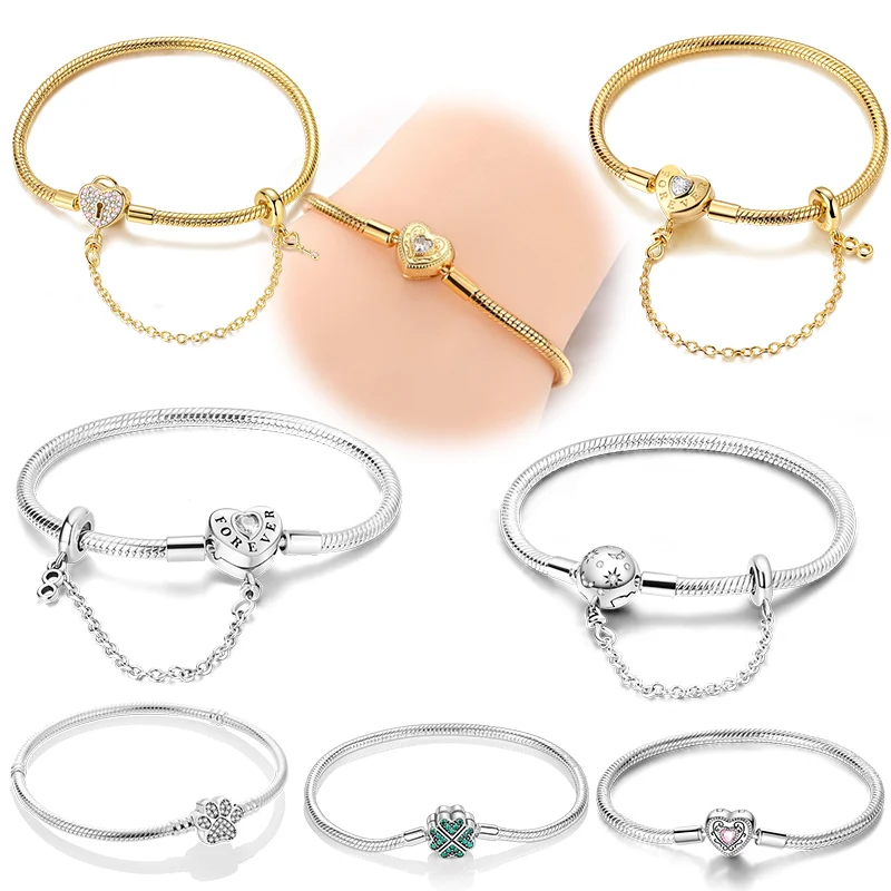 

Браслет из стерлингового серебра 925 пробы с четырехлистным клевером и сердечком, цепочка-змейка, оригинальные браслеты, подходят для шармов, украшения своими руками для женщин