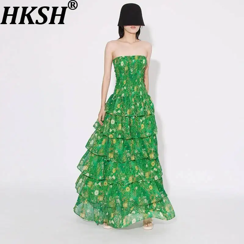 HKSH Women Beach Vacation Dress Strapless Printed Waist Cinching Multi-layer Ruffled Elegant Trend Casual Dresses Summer HK23260