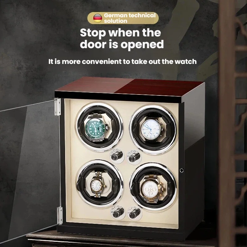 Luxury Automatic Watch Winder with Mabuchi Mute Motor Wood Vertical Quad Rotator 2/4/6 Slots AC Power Watch Box with LED Light