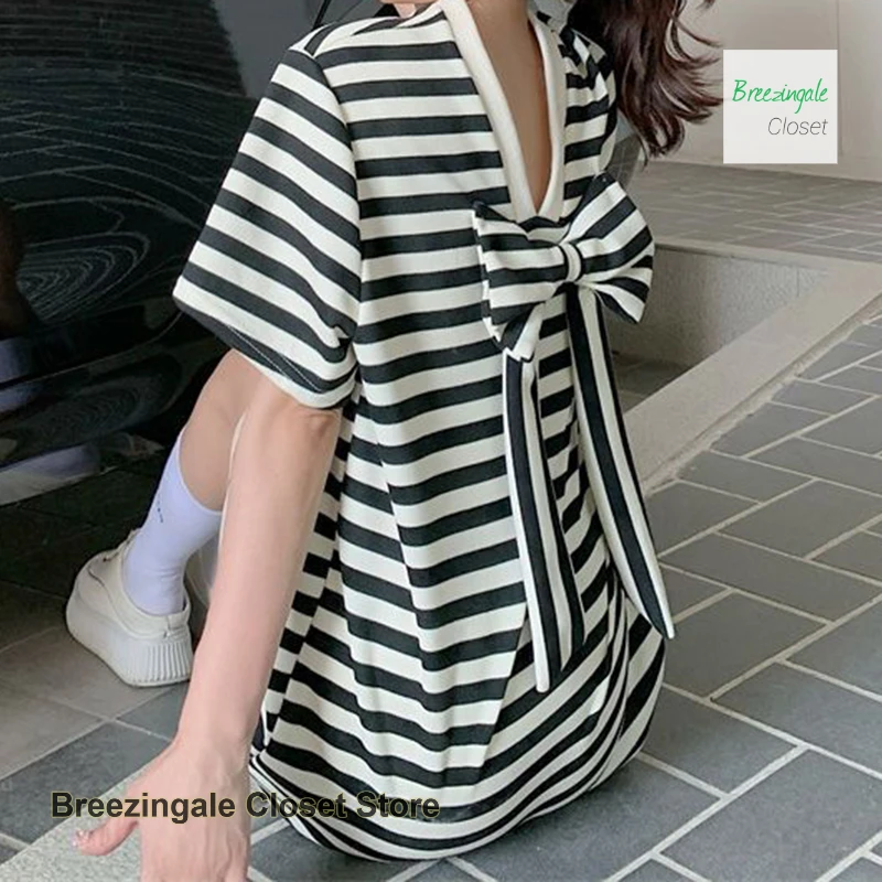 

French style bow backless V-neck striped dress female summer new fashion loose plus size casual Joker slim T-shirt skirt.