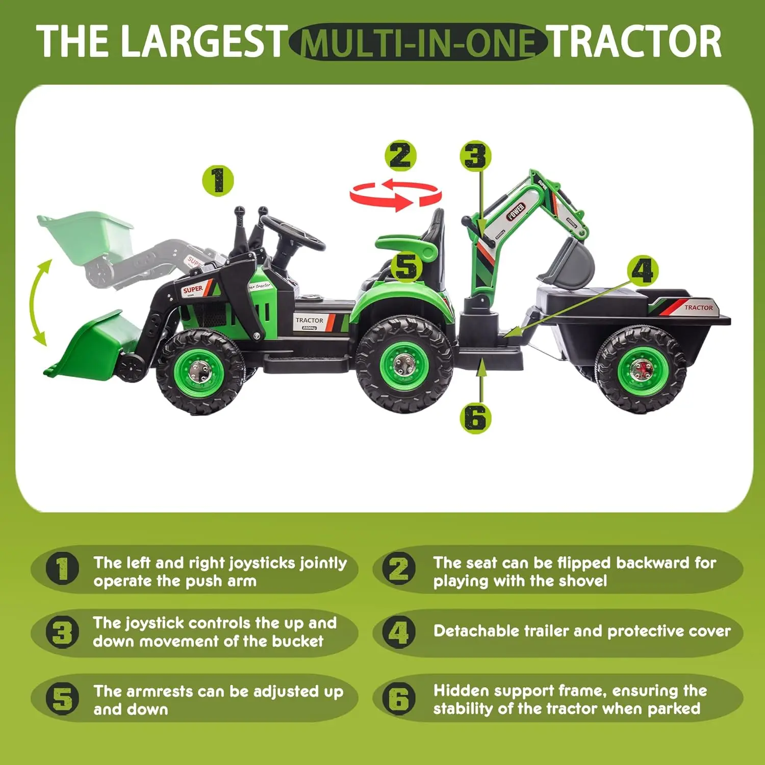 Elektryczny traktor dla dzieci 24V 4-w-1 z akcesoriami budowlanymi, pilotem, muzyką i oświetleniem LED