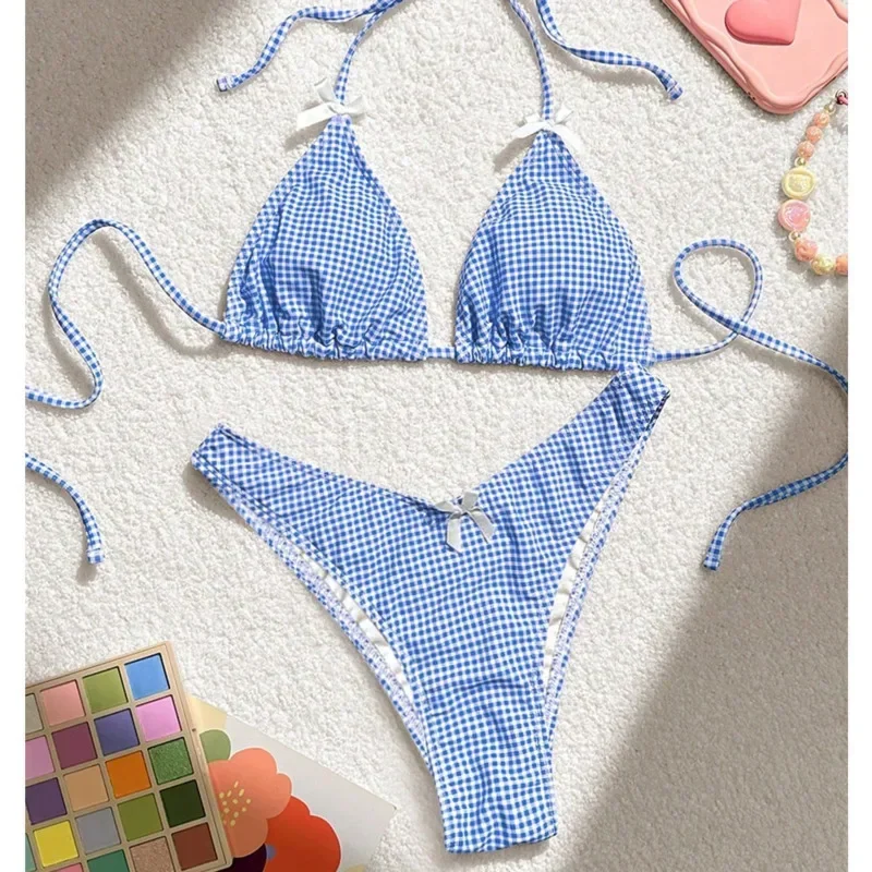 핑크 격자 무늬 섹시한 비키니 여성 수영복 여성 수영복 수영복 수영복 브라질 비키니 세트 Beachwear Pool Bather