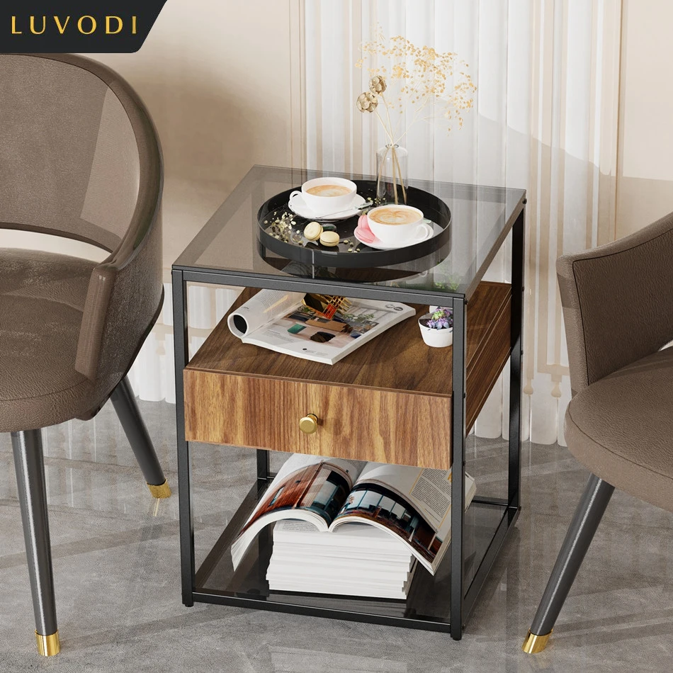 LUVODI Modern Tempered Glass Sofa Side Table Bedside Night Stand with Drawer 3-Tier Living Room Storage End Table