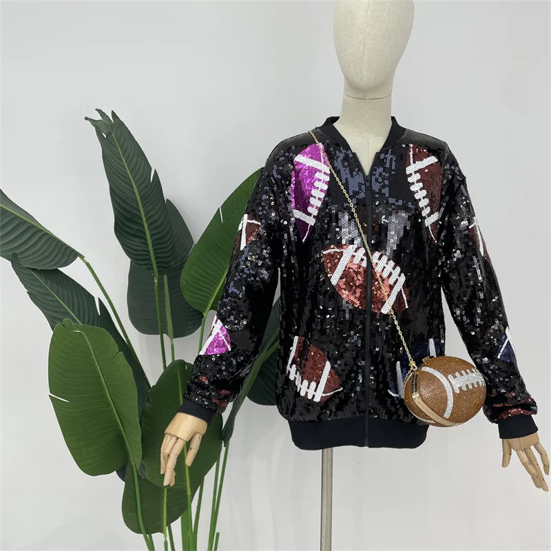 Spring And Autumn Round Neck Streetwear Geometry Hip Hop Coat Long Sleeve Sequins Night Club High Quality Loose Women Jacket