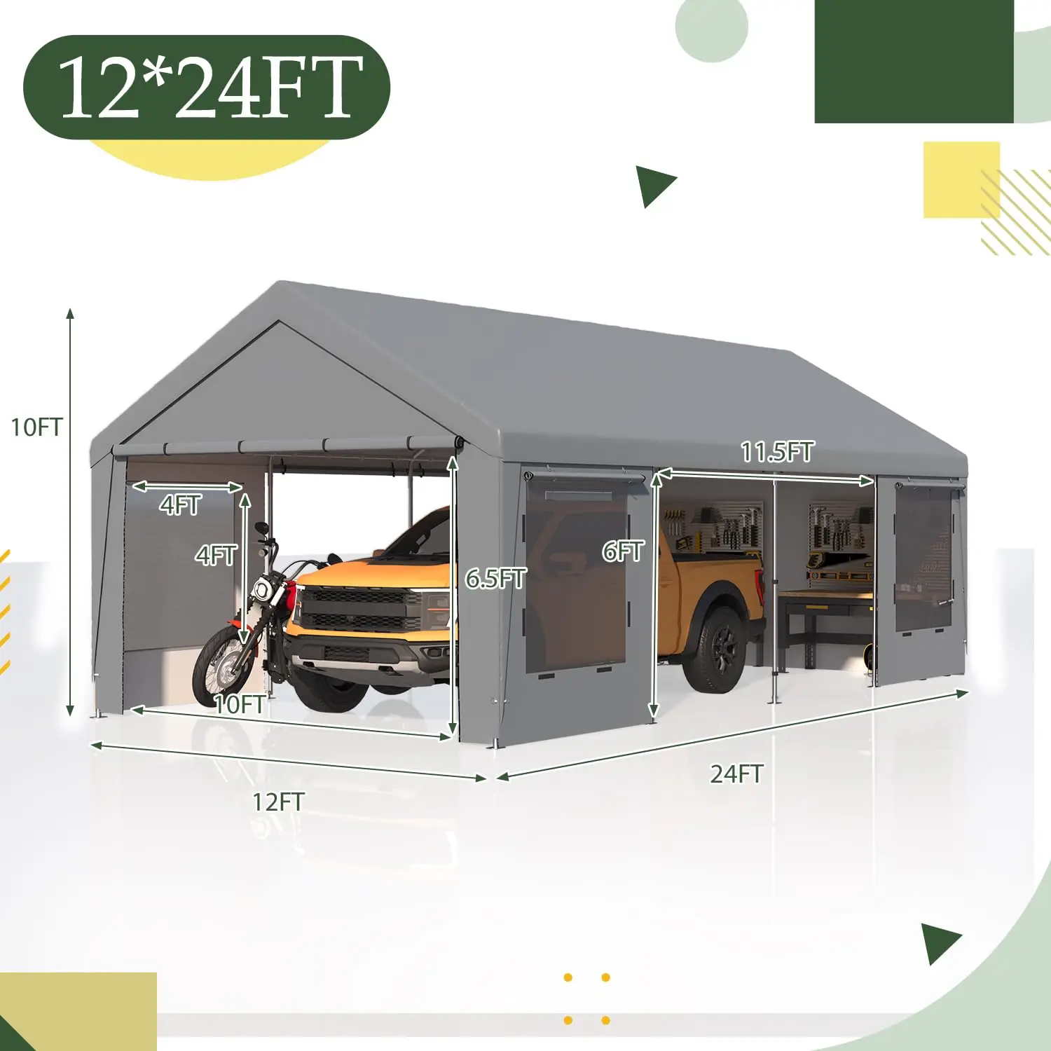 12' x 24' Heavy Duty Carport，Portable Garage with UV Protection & Steel Frame, Car Port with Removable Sidewalls,, Customized